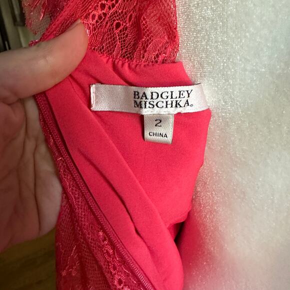 BADGLEY MISCHKA | Pink Red Tiered Pleated Lace Bell Sleeve Dress | Size 2 - Picture 8 of 8